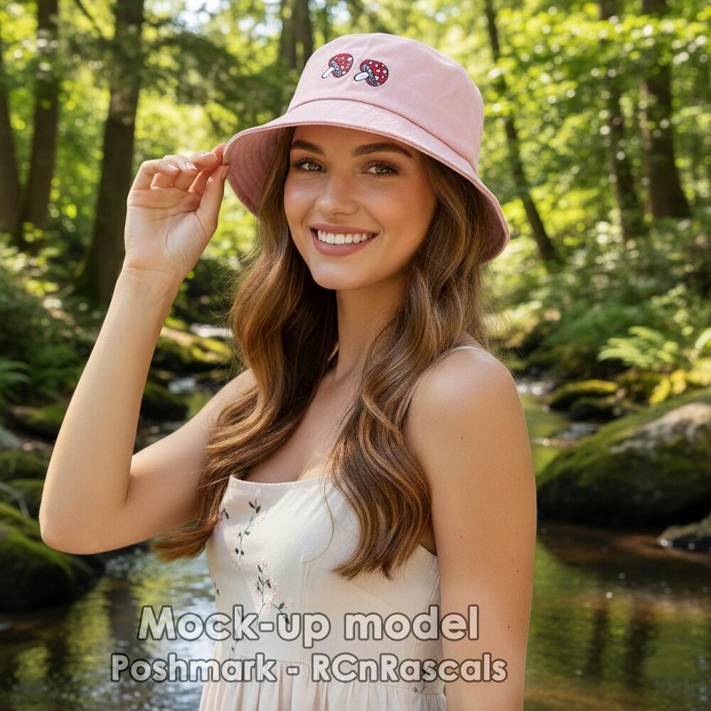 Pink Mushroom Embroidered Bucket Hat Cottagecore Shrooms Festival Coachella Sun